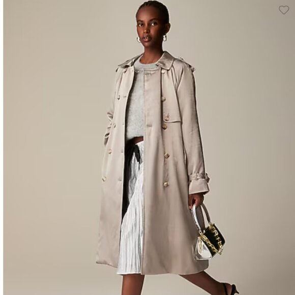 J. Crew Silver Metallic Trench Coat Satin Crepe with Classic Design S 4 NWOT - Picture 1 of 12